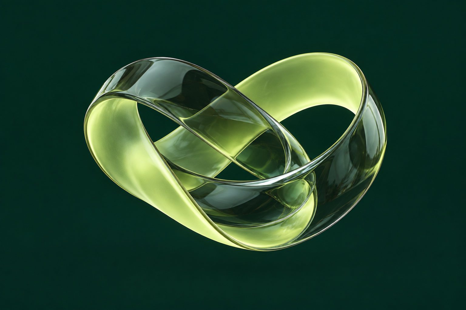 Sculptural glass ribbon with luminous green edges